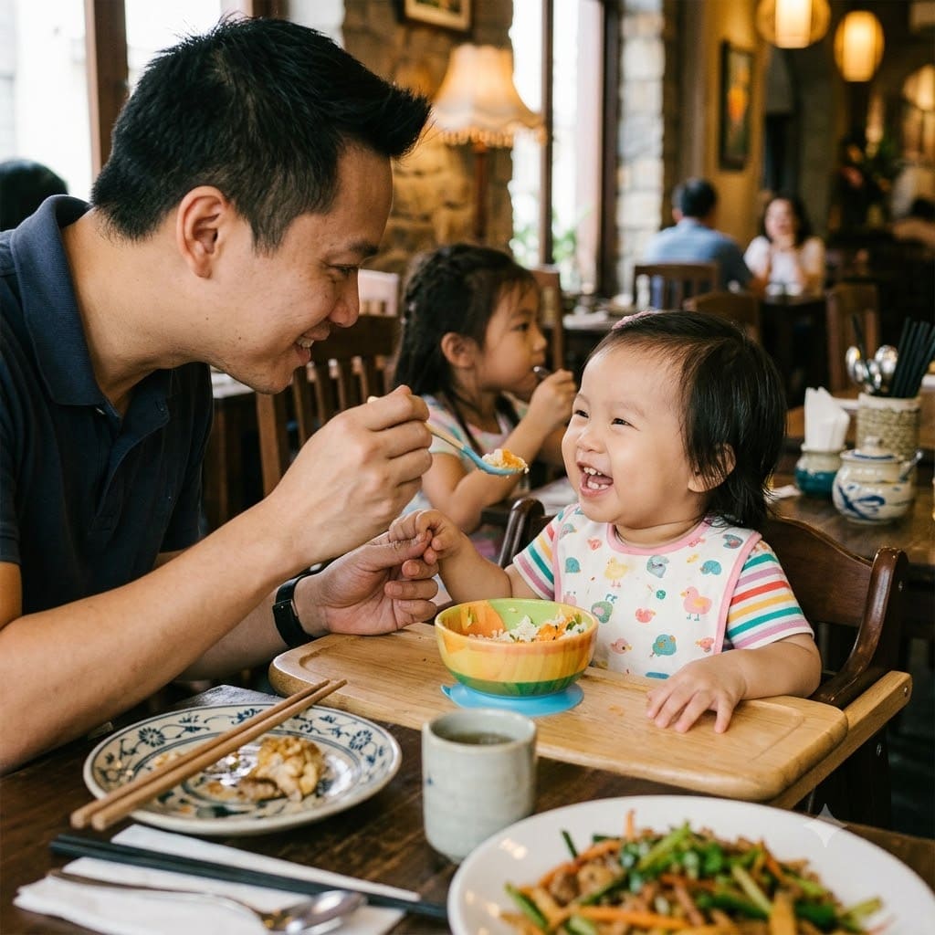 Ghế ngồi cho bé tại nhà hàng giúp trẻ dùng bữa cùng gia đình.