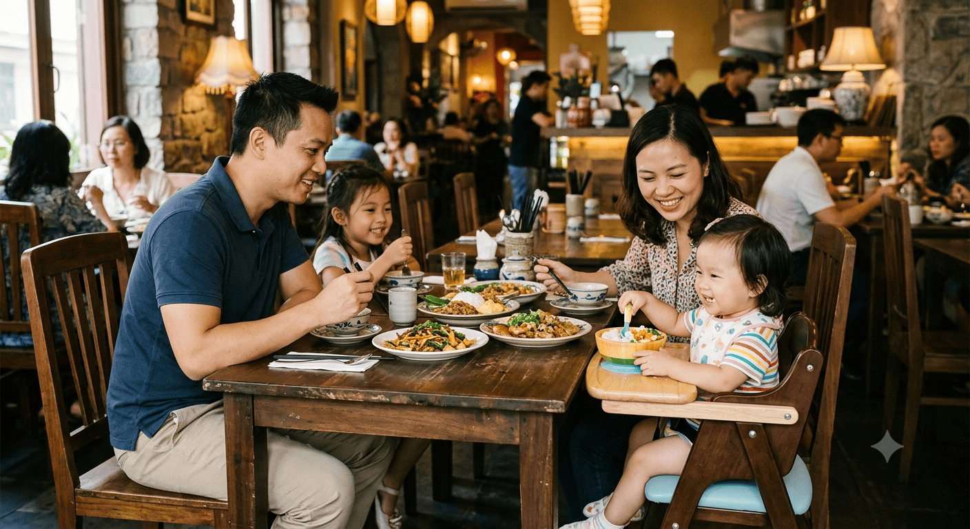Bé ngồi ghế ăn trẻ em tại nhà hàng cùng bố mẹ
