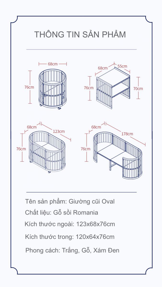 Giường cũi đa năng hình oval cho bé Kub từ 0-12 tuổi